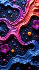 Abstract floral art with vibrant wavy textures and colorful accents on a dark background
