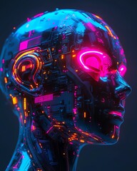 A futuristic polygonal cyborg head in vibrant holographic colors, intricate circuits glowing, 3D AI concept with sleek and realistic details