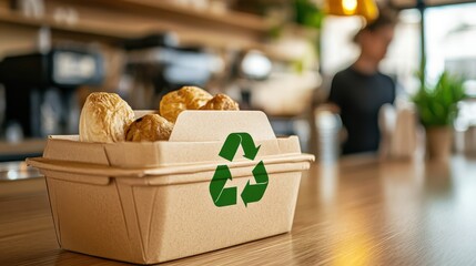 Eco-Friendly Takeout Container with Fresh Baked Goods on Table in Modern Café Setting, Showcasing Sustainable Practices and Green Lifestyle Choices