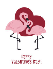 Happy valentine's day greeting poster with pink flamingos and heart.