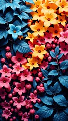 Artistic composition of vivid flowers and foliage on a textured blue background