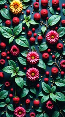 Artistic composition of vivid flowers and foliage on a textured blue background