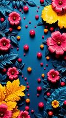 Artistic composition of vivid flowers and foliage on a textured blue background