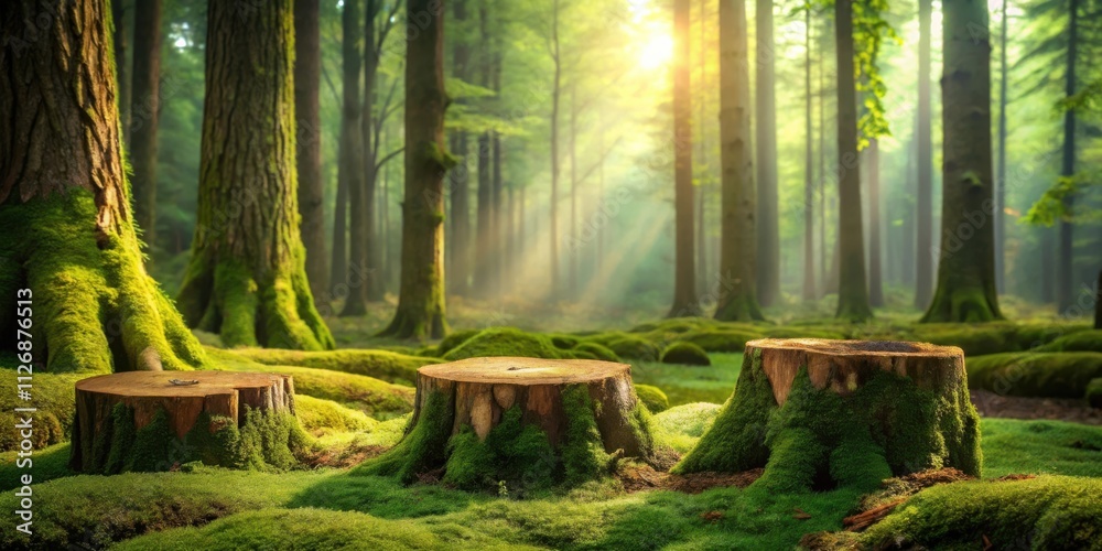 Poster three mossy tree stumps in a sun-drenched forest, with soft light filtering through the canopy