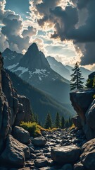 Scenic mountain landscape with rocky path and dramatic clouds overhead