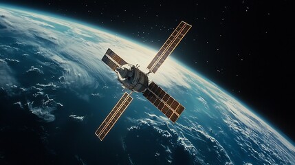 Satellite Sending Emergency Broadcast Signals Visualized with Holographic Lines and Earth in the Background