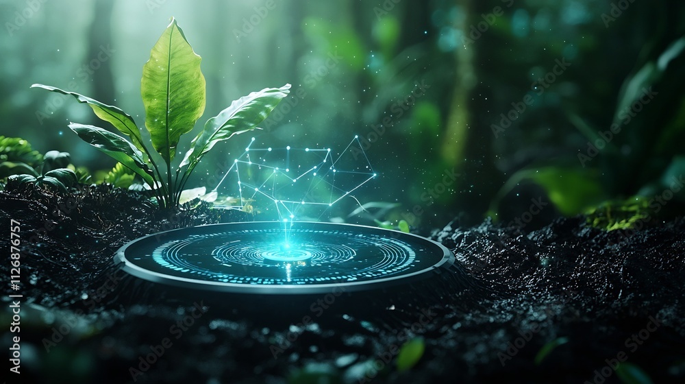 Poster a photograph of a smart sensor installed in a lush forest connected to a glowing network transmittin