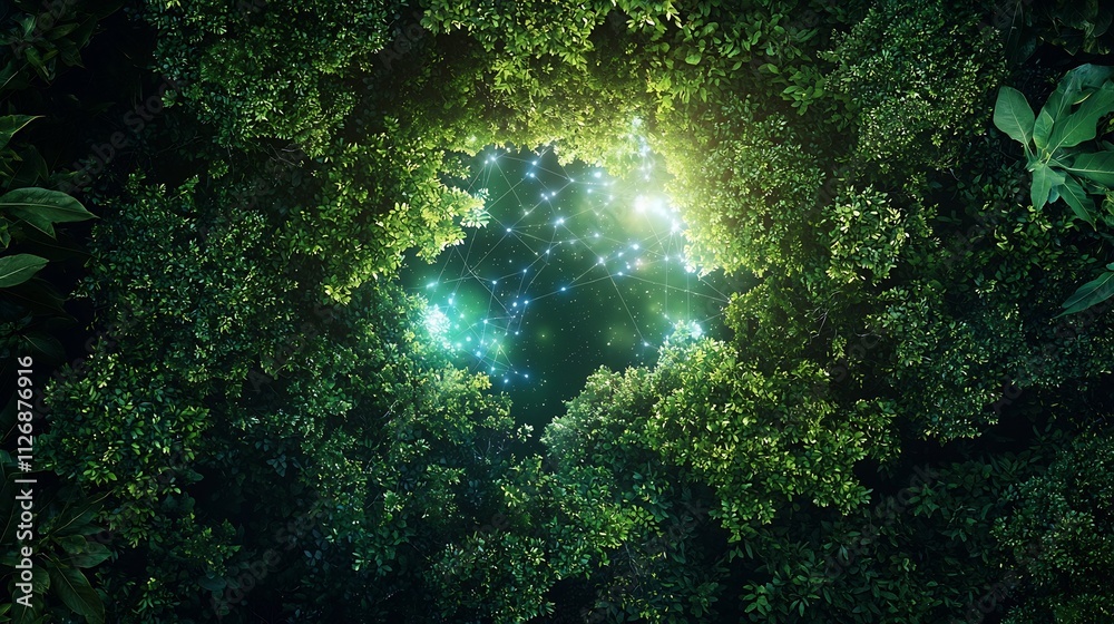Poster photograph of a smart sensor installed in a forest connected to a glowing network transmitting envir