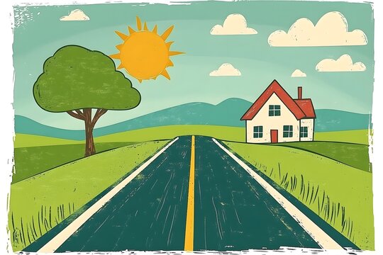 illustration of beautiful landscapes with mountains and lakes in watercolor, aquarelle look pencil art Countryside village landscape with church and houses illustration, design, vector, nature, travel