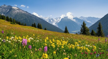 Fototapeta premium meadow with wildflowers -capped mountains
