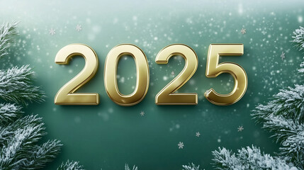 Minimalist 3D Golden 2025 on Green Background with Snow and Pine Branches - A Festive Flat Lay for New Year Greetings.