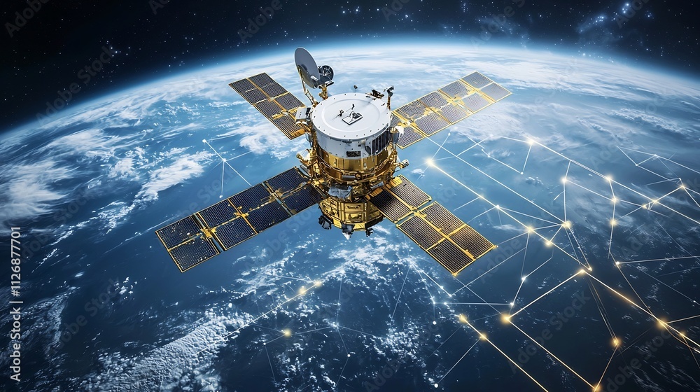 Poster satellite in orbit collecting environmental data visualized with glowing network lines connecting to