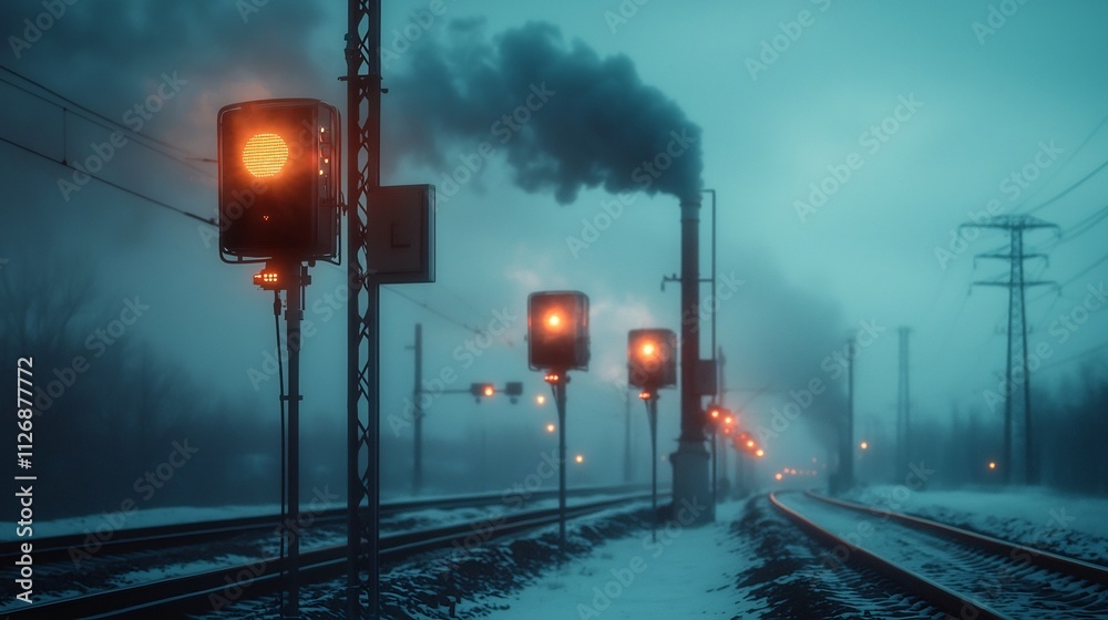 Poster a photograph of an industrial area with air pollution monitors connected through a holographic netwo