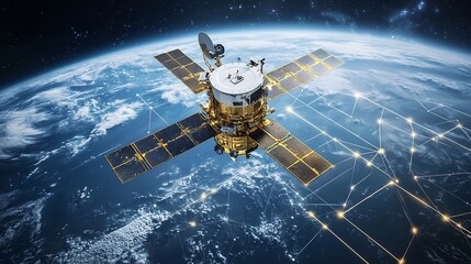 Satellite in Orbit Collecting Environmental Data Visualized with Glowing Network Lines Connecting to Earth Representing Global Connectivity and Technological Innovation