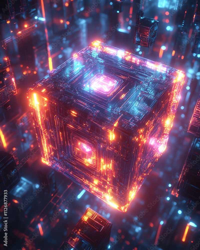 Poster abstract 3d rendering of a flying cube