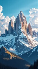 Majestic snow-covered mountain peak under a clear blue sky, Sharp mountain peak with snow and fluffy clouds