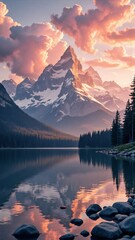 sunrise over the lake, Golden hour view of towering mountains and colorful skies