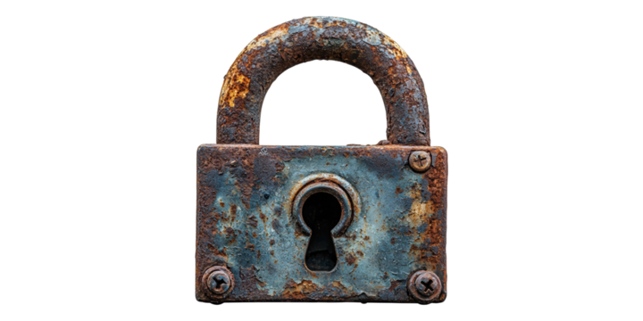 Rusty vintage padlock with keyhole isolated on transparent background