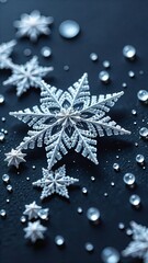 Close-up of crystal snowflake with sparkling details on blue background