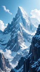 Majestic snow-covered mountain peak under a clear blue sky, Sharp mountain peak with snow and fluffy clouds