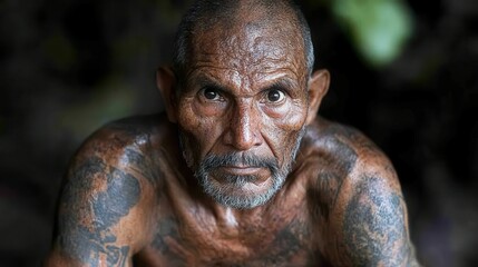 A man with a beard and tattoos on his arms and chest. He has a serious look on his face