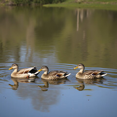Fototapeta premium A family of ducks swimming in a serene pond.