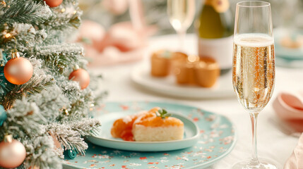 A festive table setting featuring sparkling drink, delicious dessert, and beautifully decorated Christmas tree. scene evokes warmth and celebration during holiday season