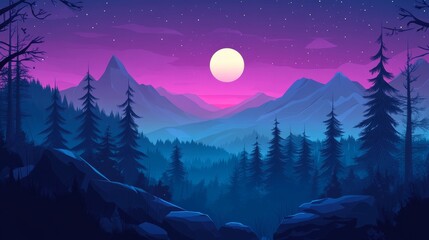 A serene night landscape featuring mountains, trees, and a full moon against a colorful sky.