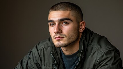 Obraz premium A man with a shaved head and a beard is wearing a green jacket. He is looking at the camera with a serious expression