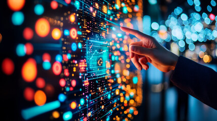 image depicts hand interacting with digital display filled with colorful data visualizations and graphs, showcasing technology and innovation
