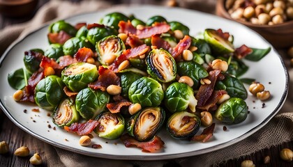 Roasted brussel sprouts, bacon warm salad with spinach, croutons and hazelnuts
