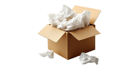 Open cardboard box with crumpled paper isolated on transparent background