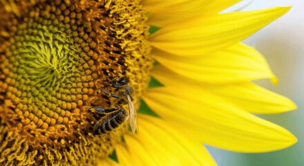 Naklejka premium Close-up of bee pollinating vibrant sunflower