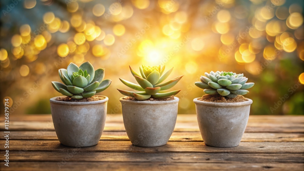 Aufkleber Three Succulents in Pots on a Rustic Wooden Surface with a Bokeh Background