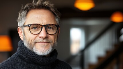 Obraz premium A man with glasses is smiling and wearing a black sweater. Concept of warmth and comfort, as the man is enjoying his time in the cozy setting