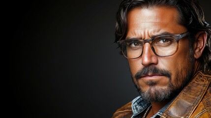 Obraz premium A man with glasses is standing in front of a dark background. He has a serious expression on his face