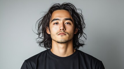 Fototapeta premium A man with long hair and a beard is standing in front of a white wall. He is wearing a black shirt and has a serious expression on his face