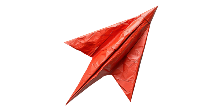 Red crumpled paper airplane isolated on transparent background