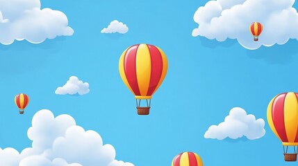 Colorful hot air balloons floating in a bright blue sky with fluffy clouds.