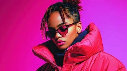 A woman in a red coat and sunglasses. She is wearing a red jacket and a scarf