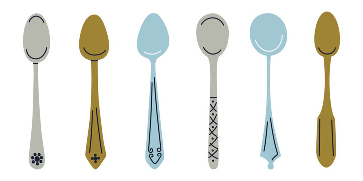 Set of retro style ornate teaspoons in blue, gray, and bronze metals with decorative patterns. Vintage cutlery collection for tea, coffee, cooking. Vector illustration in flat cartoon style