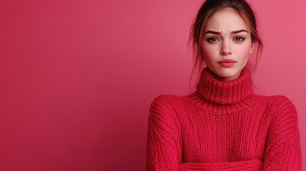 A woman in a red sweater is looking at the camera with a frown on her face. Concept of discomfort or dissatisfaction