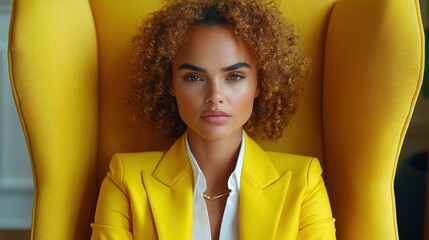 A woman in a yellow suit is sitting in a yellow chair. She has brown hair and is wearing a necklace