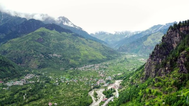 Aerial view of mountains and valleys of manali and beas river near Jogini waterfall in Himachal Pradesh India.