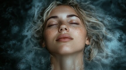 A woman is floating in a bathtub with her head above the water. She has a relaxed and peaceful expression on her face