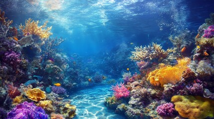 Vibrant underwater scene showcasing colorful coral reefs and marine life.