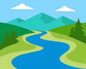 Obraz premium Spring or summer landscape with field, green hills, river and forest. Vector illustration