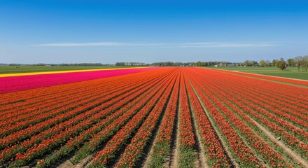 Vibrant tulip fields blue sky