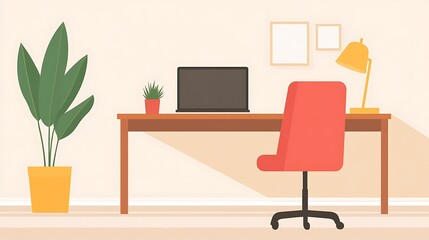 Fototapeta premium A minimalist home office setup with a plant, a comfortable chair, and a laptop on a wooden desk, emphasizing a calm, stress-free environment for productivity and mental health 