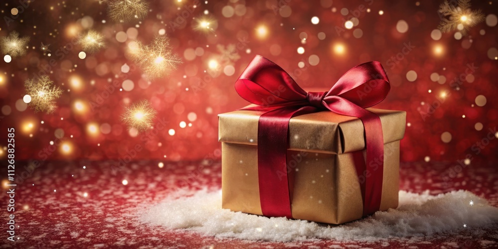 Poster a golden gift box with a red ribbon rests on a bed of white snow against a festive red background wi